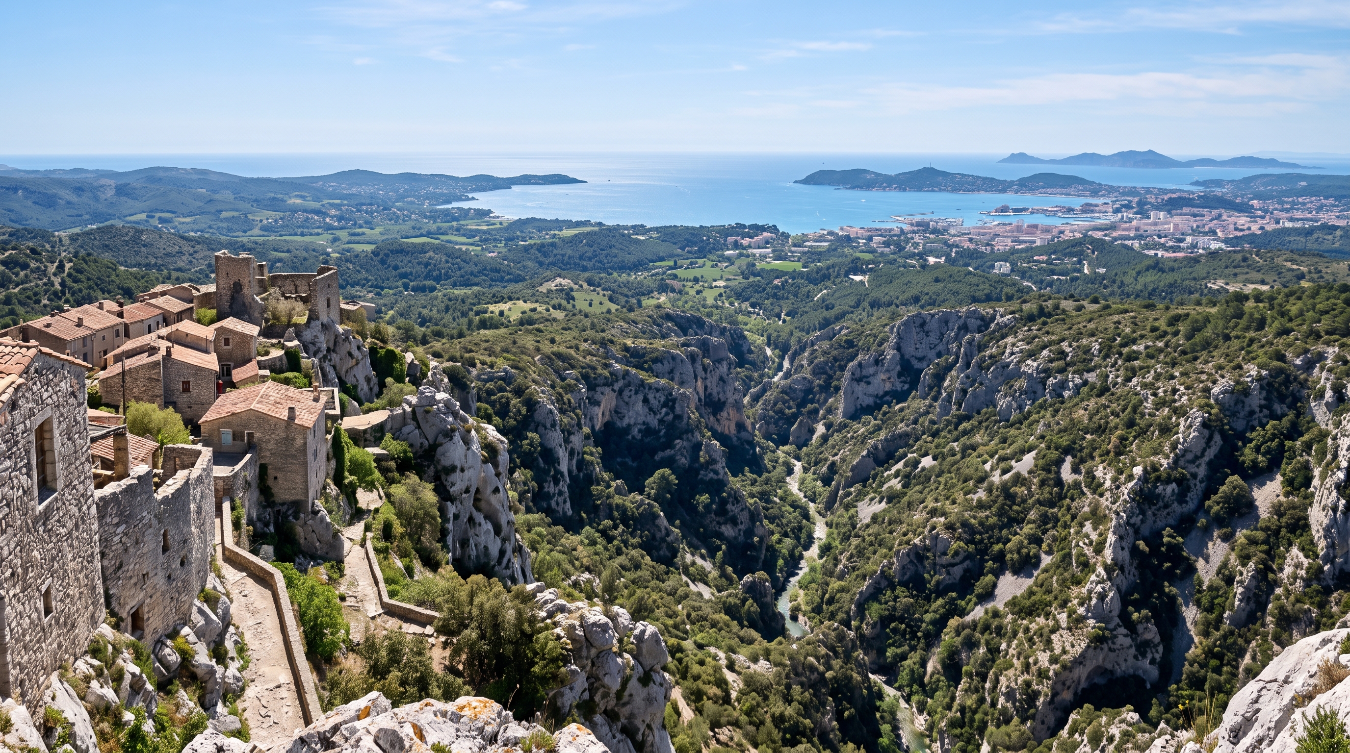Vue depuis les hauteurs d'Évenos sur les gorges d'Ollioules, la baie de Toulon et les îles d'Hyères