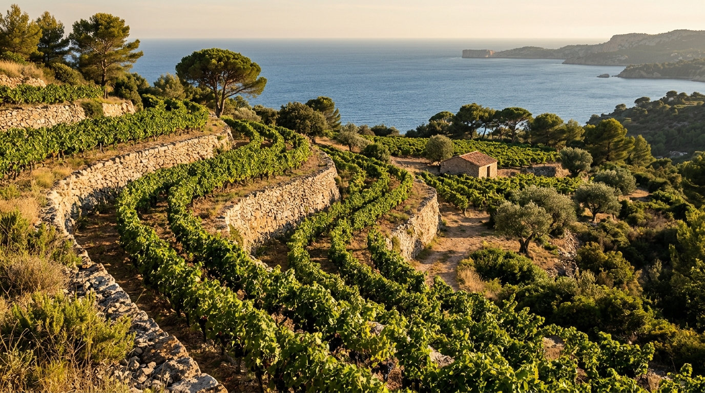 Vignes en restanques face à la mer, vignoble de Bandol (illustration)